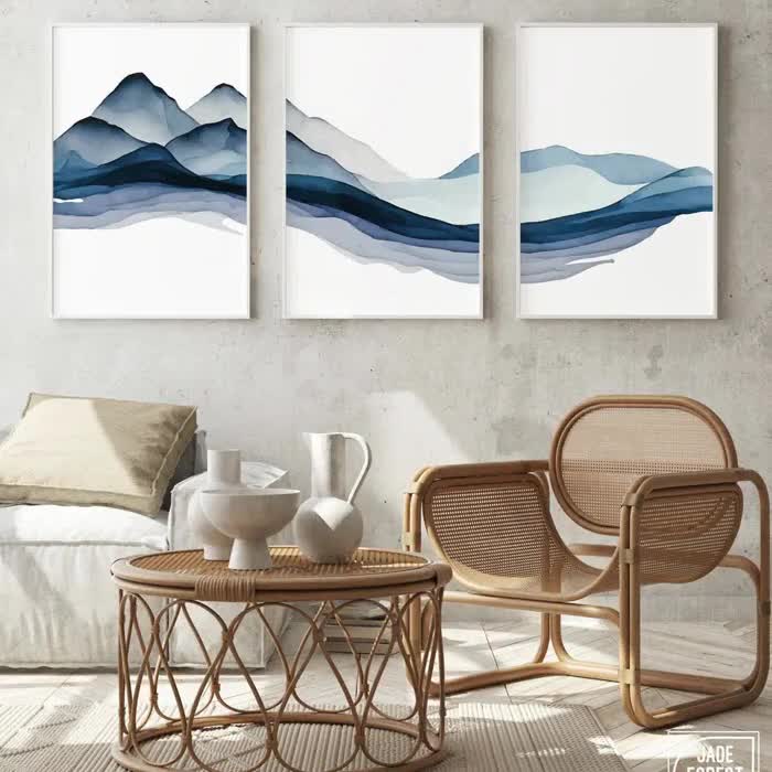 Blue Mountain Range Triptych Wall Art, Modern Farmhouse Home Decor
